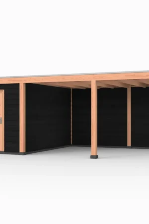 Douglas overkapping, 750 x 400, met achterwand en schuur, Westwood Elegant zwart Actieprijs
